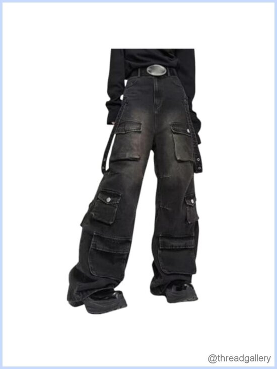 Denim - Baggy Cargo Jeans Loose Fit Wide Leg Denim Pants Y2K Streetwear
